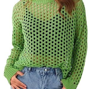 Newport News Hollow-Out Open Knit Crochet Sweater, Lime-Green, Size S